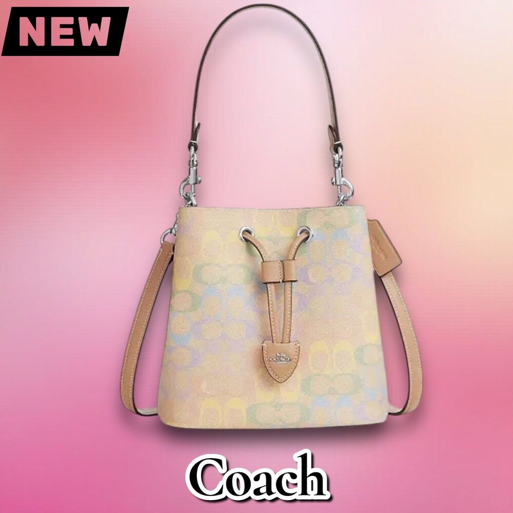 🔴New Coach Rowan Bucket Bag in Rainbow Signature Canvas – Silver/Sand Multi